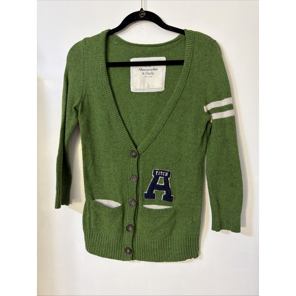 Y2K ABERCROMBIE & FITCH GREEN VARSITY CARDIGAN SWEATER SZ XS LETTERMAN